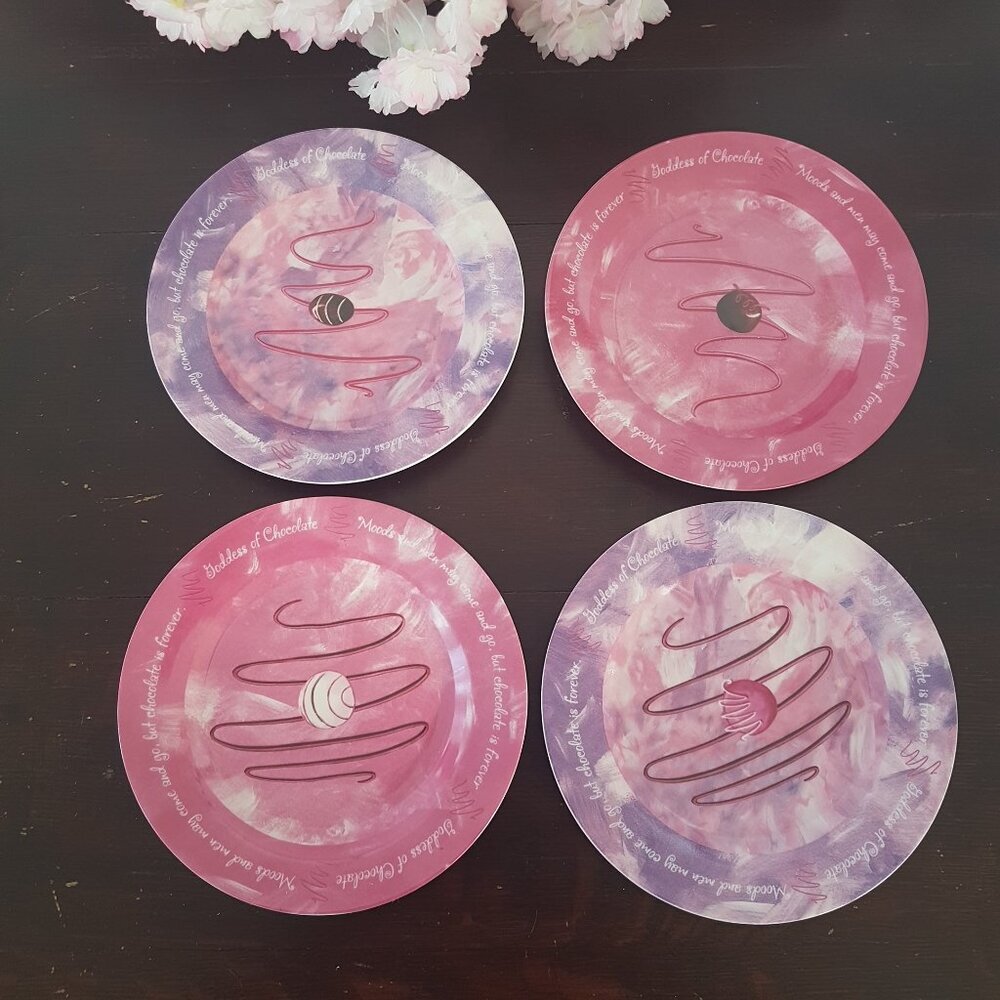 Vintage Goddess of Chocolate 8” Dessert Plates Set of 4 Pink Purple 2004 CIB